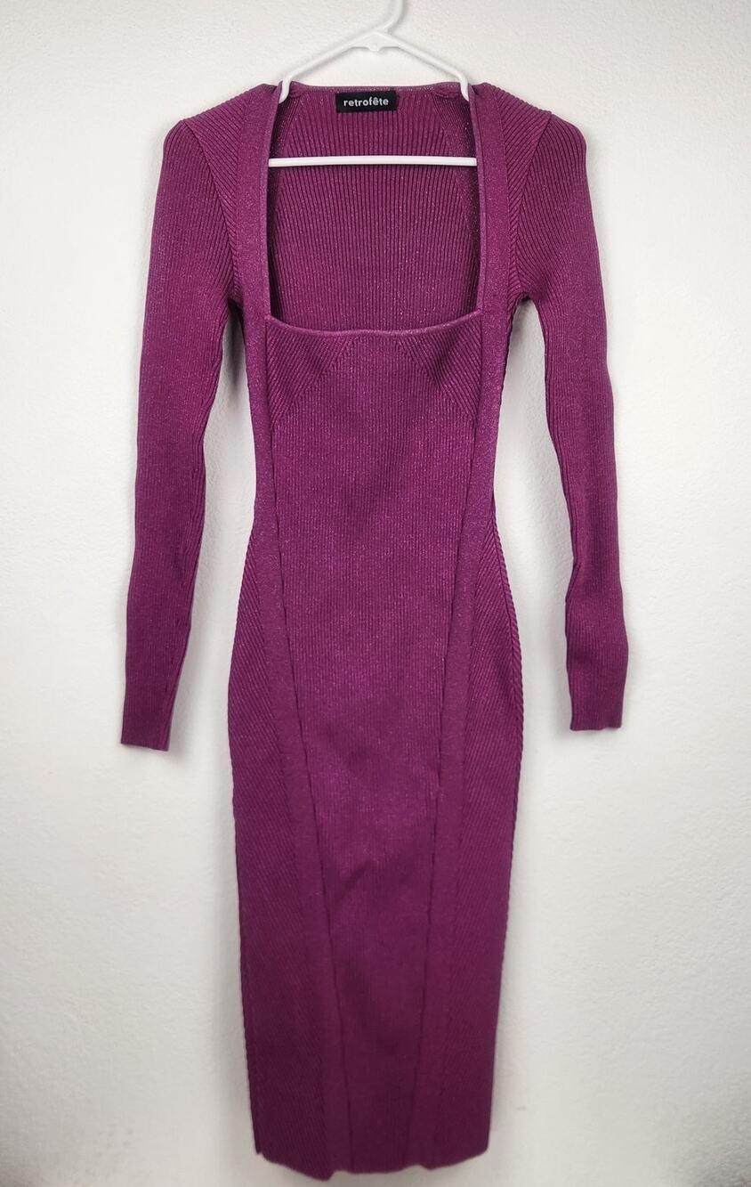 Retrofete Purple Dress Metallic Midi Bodycon Long Sleeve Size XXS Square Neck
